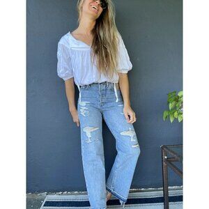 LEVI'S Ribcage High Rise Destructed Straight Jeans in Wash Haleys Comment US 28